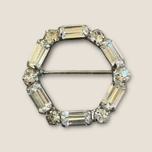 Vintage Hexagonal Rhinestone Brooch Silver-Tone 1 Inch Diameter